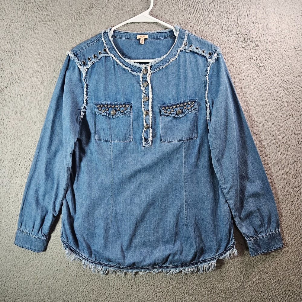 Reba Denim Top Women Medium Studded Pocket Long Sleeve Blue - Pls‎ Read